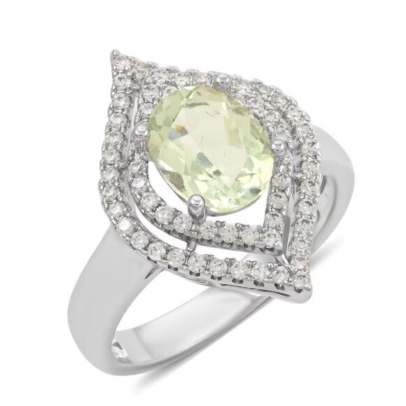 Simulated Prasiolite and Simulated Diamond 2.90 ctw Silver Ring Size 10 New - Picture 1 of 6